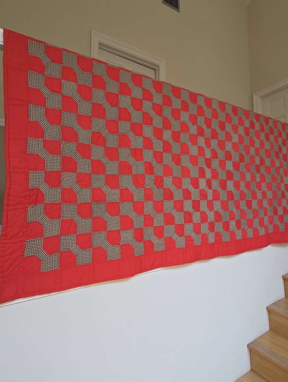 Vintage Bow Tie Quilt Top 1980s Masculine Red 68x86 Handstitched